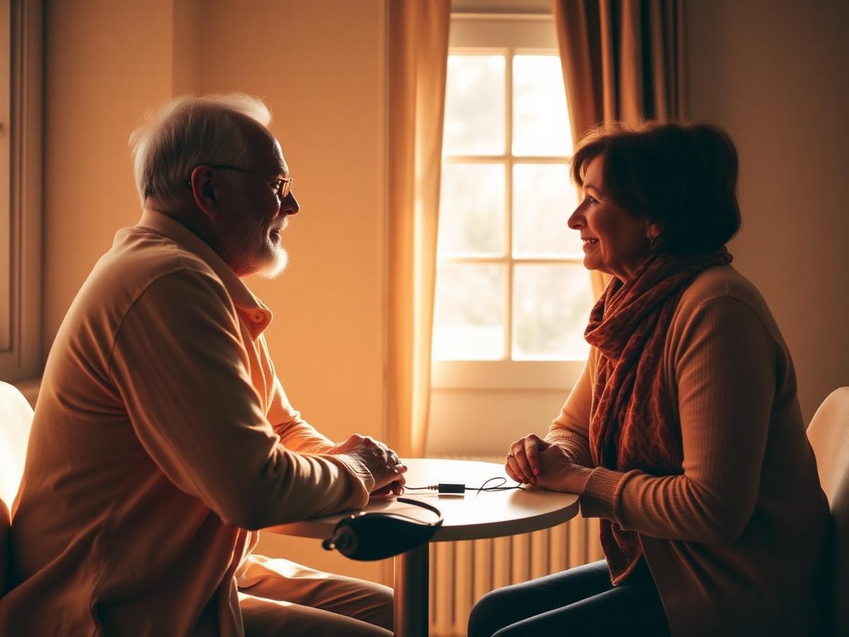 Dos personas conversando con apoyo de interpretación en una sala luminosa