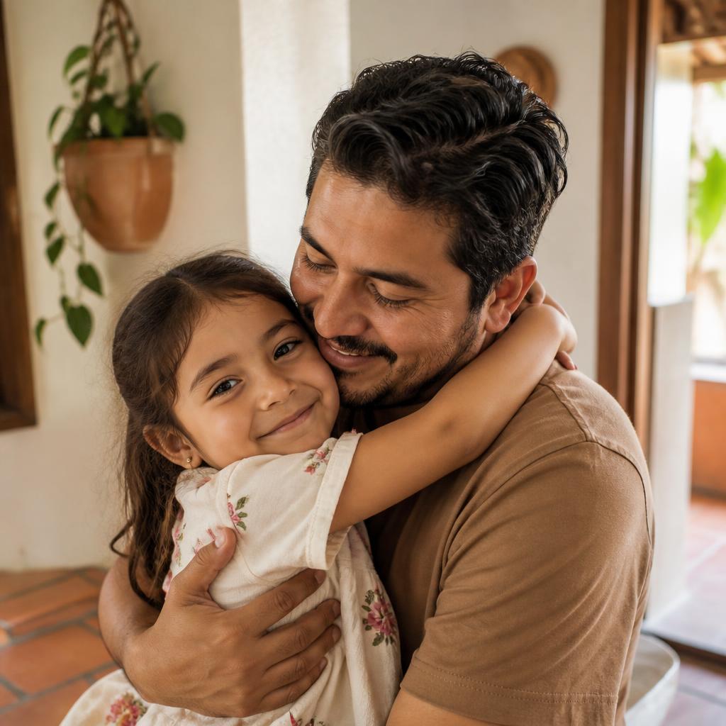 Padre e hija en un abrazo cálido en casa, representando la protección de la familia y la esperanza