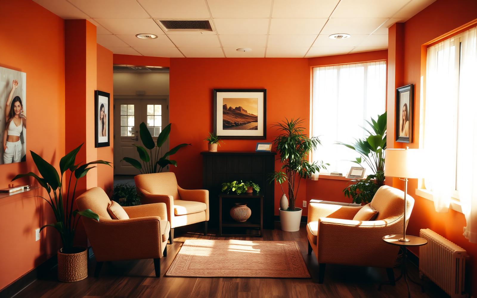 Sala de espera cálida y acogedora con sillones y plantas